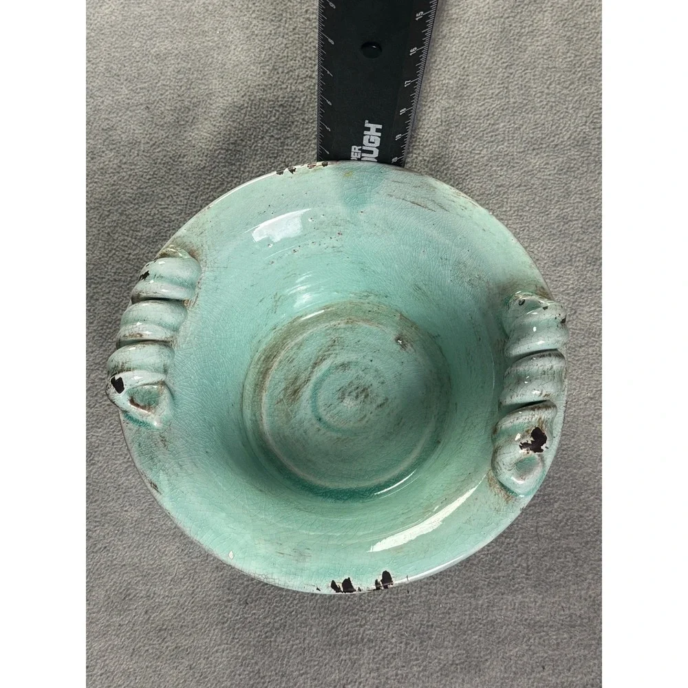Vintage Turquoise Crackle Glaze Ceramic Planter Distressed Bowl Rope 8.5in